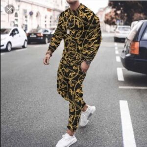 Men’s Track Suit Set Baroque-Print Black & Gold